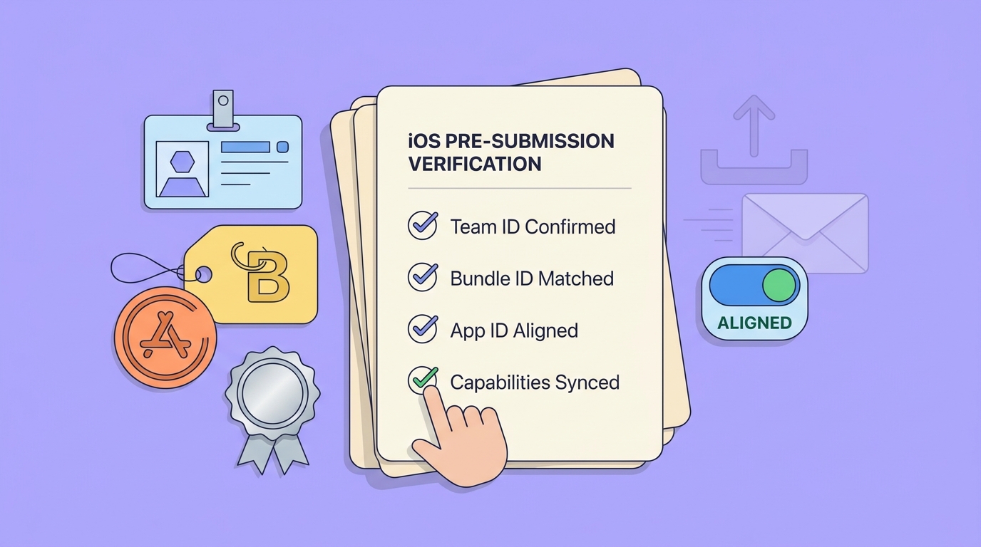Checklist for verifying Team ID, Bundle ID, and App ID before uploading an iOS app. Checklist for verifying Team ID, Bundle ID, and App ID before uploading an iOS app.
