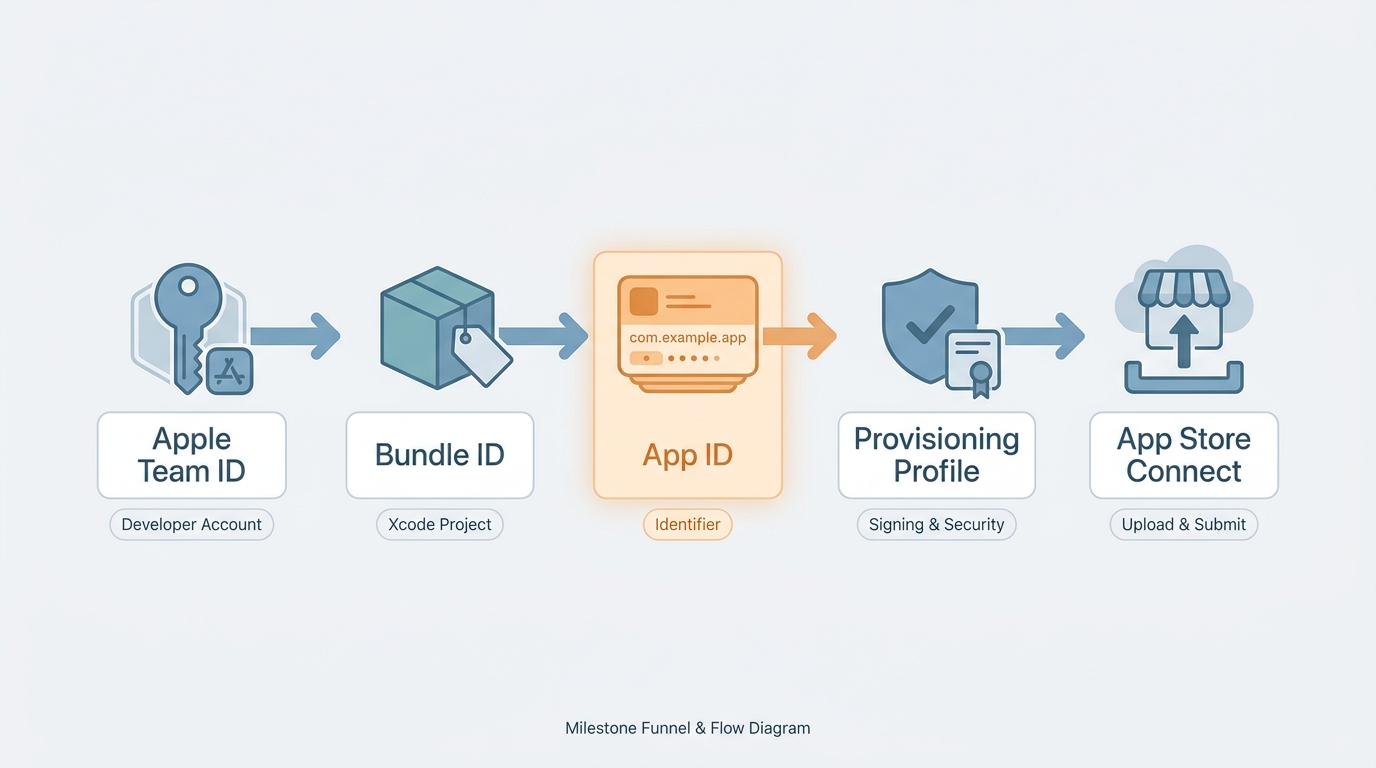Flow diagram of Apple app publishing from Team ID to Bundle ID to App ID and App Store Connect. Flow diagram of Apple app publishing from Team ID to Bundle ID to App ID and App Store Connect.