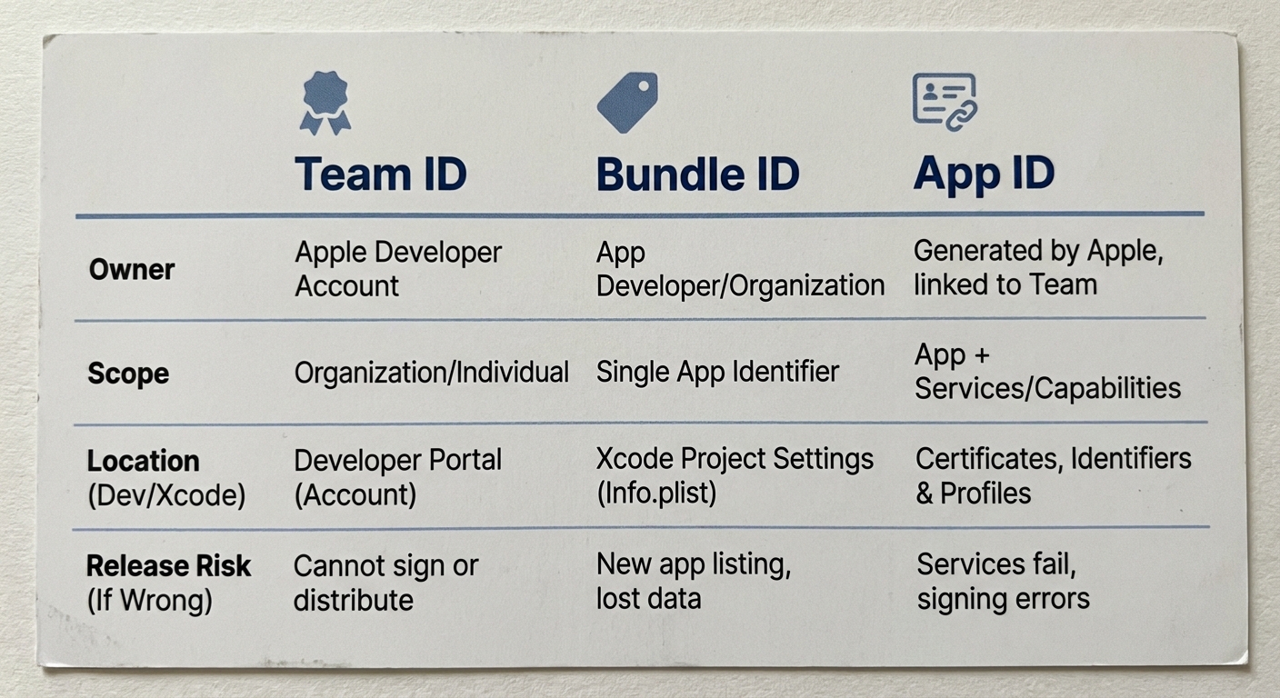 Comparison table showing Apple Team ID, Bundle ID, and App ID with their scope and publishing role. Comparison table showing Apple Team ID, Bundle ID, and App ID with their scope and publishing role.