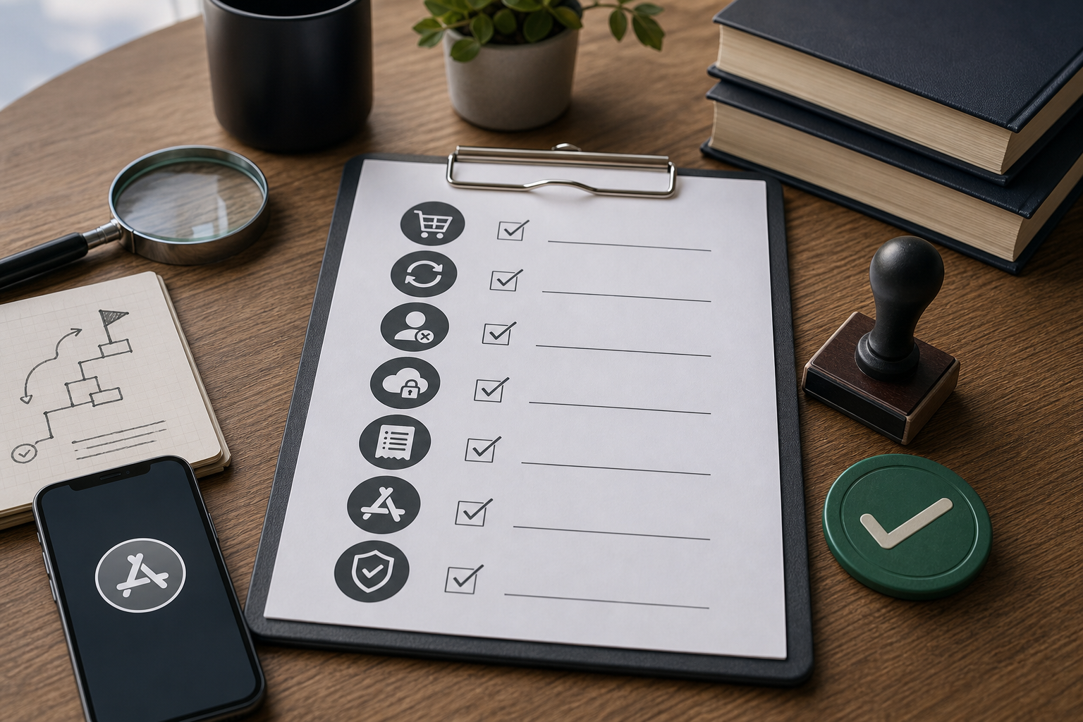 Checklist of seven items for a 7‑day iPhone subscription smoke test: purchase, renew, cancel, restore, server validate, monitor logs, staged rollout.
