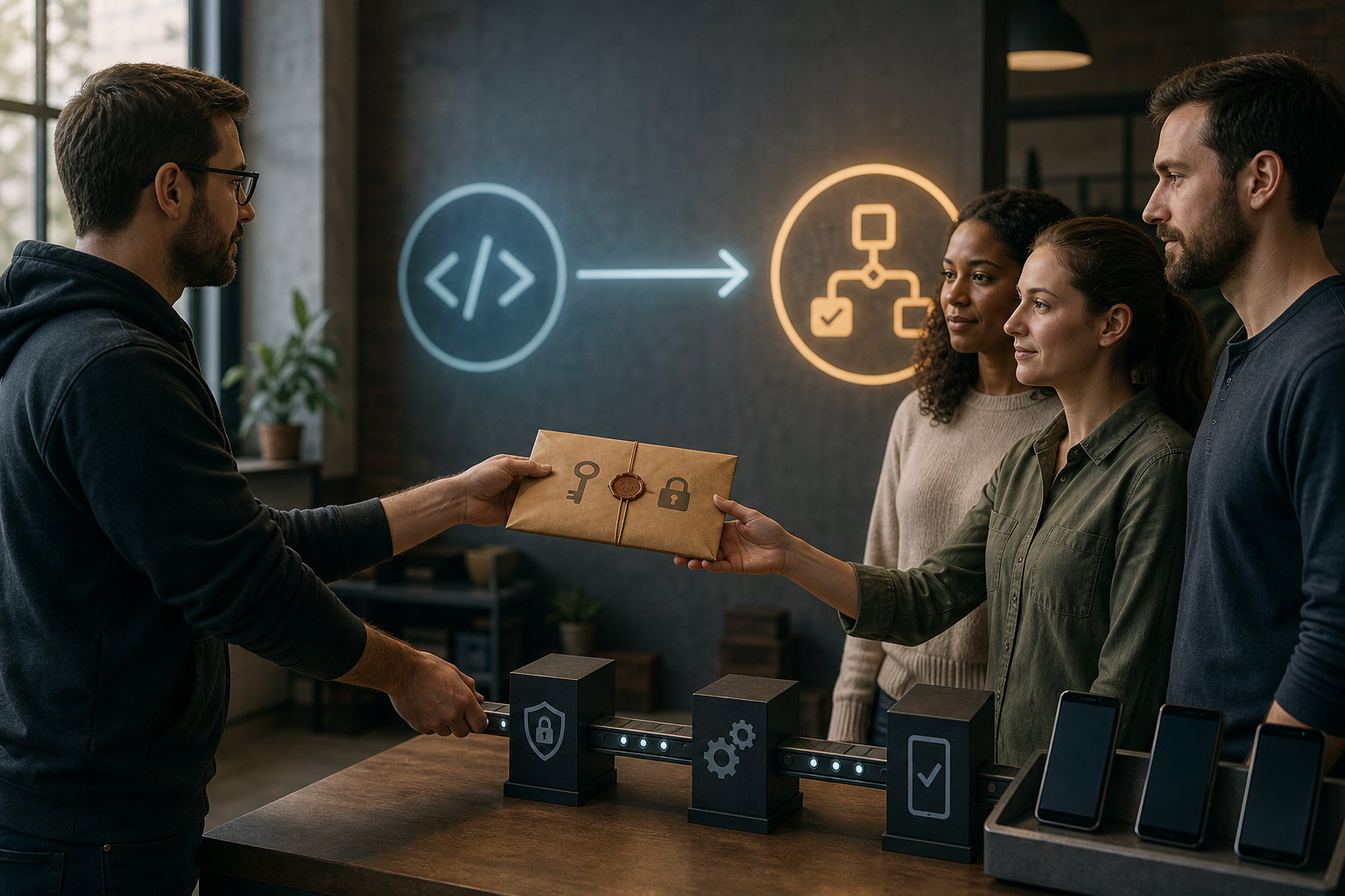 Illustration of a secure handoff of signing credentials between a developer and a hybrid managed publisher, representing Froxi's hybrid offering. Illustration of a secure handoff of signing credentials between a developer and a hybrid managed publisher, representing Froxi's hybrid offering.