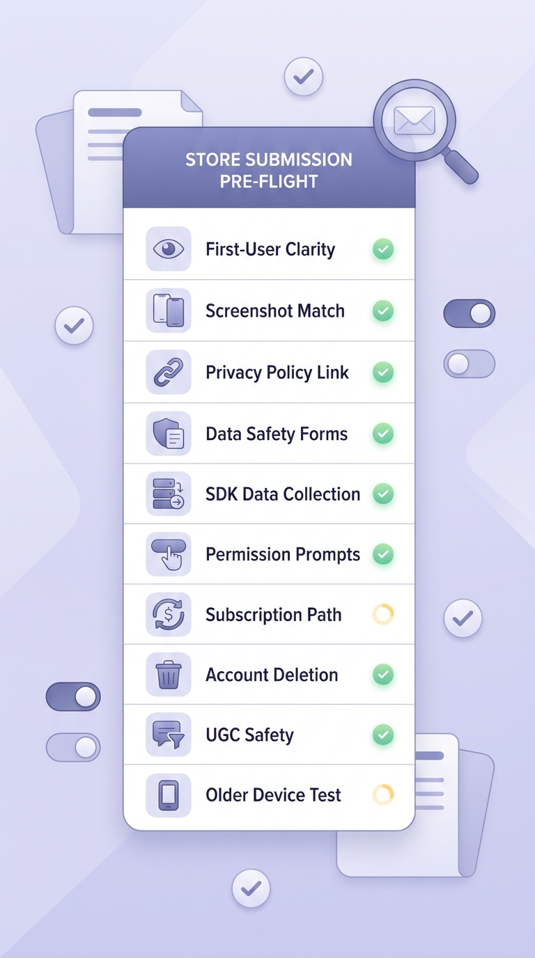 Pre-flight checklist for preventing App Store and Google Play rejection before submitting a new app or update.